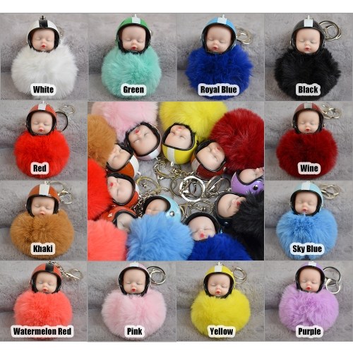 

Cute Sleeping Baby Doll Helmet Pompom Keychain Fake Fur Fluffy Ball Bag Key Rings Car Motorcycle Key Pendant Jewelry Accessories Gifts Color White