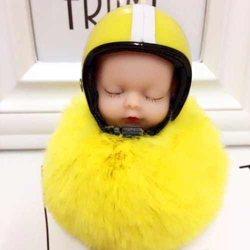 

Cute Sleeping Baby Doll Helmet Pompom Keychain Fake Fur Пушистая сумка для ключей Key Rings Автомобильный мотоцикл Key Pendant Аксессуары для ювелирных изделий Подарки Цвет Белый