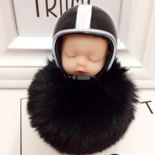 

Cute Sleeping Baby Doll Helmet Pompom Keychain Fake Fur Fluffy Ball Bag Key Rings Car Motorcycle Key Pendant Jewelry Accessories Gifts Color White