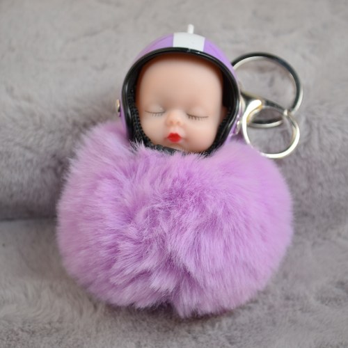 

Cute Sleeping Baby Doll Helmet Pompom Keychain Fake Fur Fluffy Ball Bag Key Rings Car Motorcycle Key Pendant Jewelry Accessories Gifts Color White