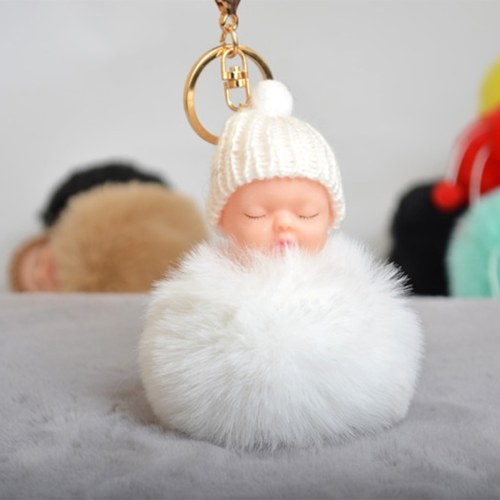

Cute Small Sleeping Baby Doll Fake Fur Fluffy Ball Keychain Bag Key Rings Pendant Ornaments Gifts Color White