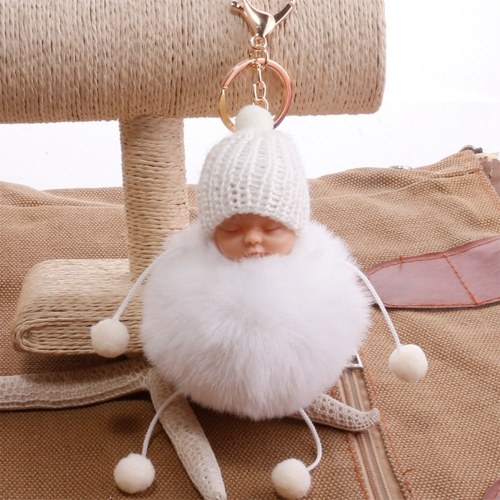 

Cute Little Sleeping Baby Foot Doll Fake Fur Fluffy Ball Keychain Car Keyring Women Key Holder BagCharm Jewelry Color White