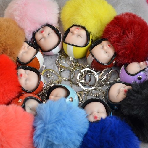 

Cute Sleeping Baby Doll Helmet Pompom Keychain Fake Fur Пушистая сумка для ключей Key Rings Автомобильный мотоцикл Key Pendant Аксессуары для ювелирных изделий Подарки Цвет Белый