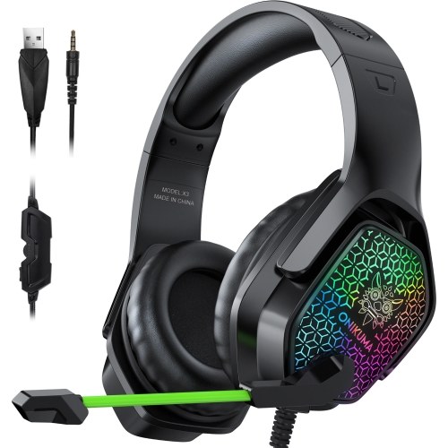 Fones de ouvido com fio ONIKUMA X3 com microfone Fones de ouvido para jogos RGB Lights Fones de ouvido com cancelamento de ruído para computador PC Gamer