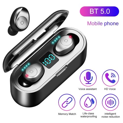 F9 TWS Fone de ouvido sem fio BT Mini Binaural In-Ear 8D HiFi Sports Earbuds Display digital LED Bateria-Quantidade Fone de ouvido à prova d'água com estojo de carregamento