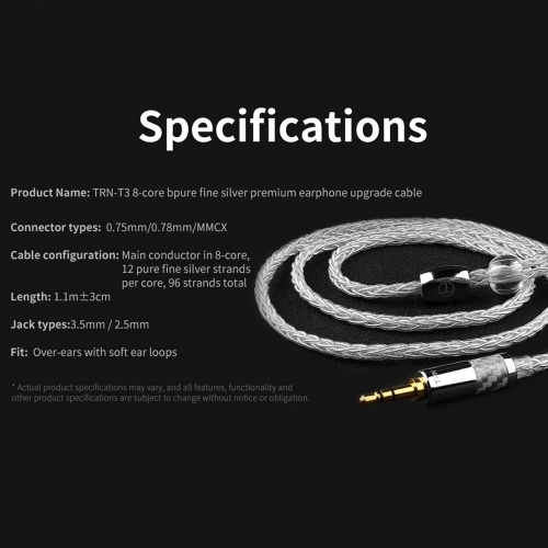 

TRN T3 8 Core Pure Silver Cable 3.5mm 0.78mm 2Pin Upgrade Earphone Cable For TRN V90 TFZ KZAS10/ZS10 CCAC16 NICEHCK NX7 Pro/M6