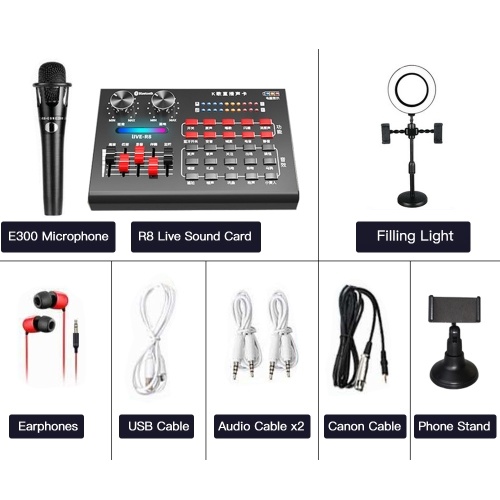 

R8 Live Sound Card + Earphones + Microphone + Phone Stand + Microphone Tripod Stand