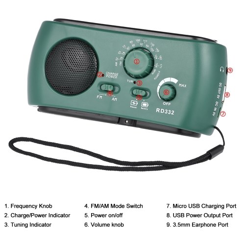 

RD332 FM AM Dual-band Radio Emergency Power Bank Built-in Rechargeable Lithium Battery Support Solar Hand-crank Micro USB Charging w/ LED Flashlight