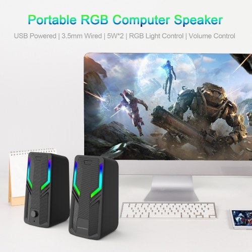

G6 2.0CH Computer Speaker Portable RGB Speaker USB Powered 3.5mm Wired Sound Box 10W Subwoofer Volume Control for Laptop Desktop Computer Tablet PC Smartphone