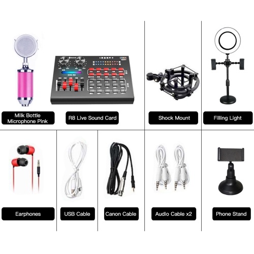 

R8 Live Sound Card + Earphones + Microphone + Phone Stand + Microphone Tripod Stand