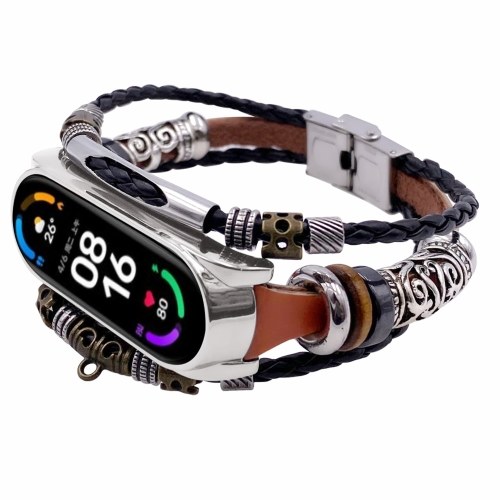 Remplacement de sangle rétro pour mi bande 6/6 NFC dragonne Compatible avec Xiao mi bande 5 Bracelet en cuir de remplacement Bracelet de perles en cuir