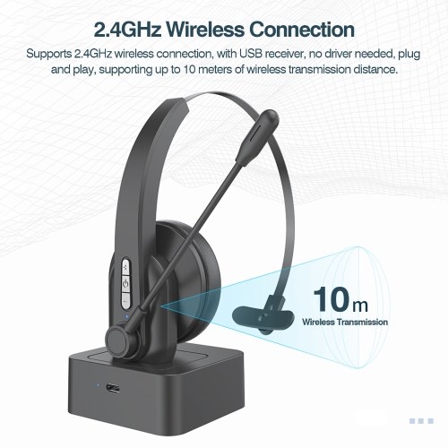2.4GHz Wireless Headphones Call Center Earphone On Ear Headset with ENC Noise Reduction Microphone Adjustable Headband Volume Control with Charging Dock 