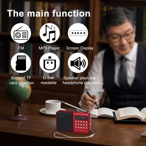 

Mini FM Radio Portable MP3 Player TF Card U Disk Playback Built-in Speaker 3.5mm Headphone Jack Red
