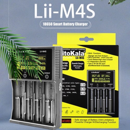 

LiitoKala lii-M4S 4 слота 18650 Аккумулятор Smart Charger ЖК-дисплей Зарядное устройство с сенсорным управлением для 18650 18490 18350 17670 17500 16340 14500 10440 AA AAA C 26650 26350 25500 21700