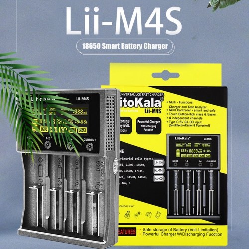 

LiitoKala lii-M4S 4 слота 18650 Аккумулятор Smart Charger ЖК-дисплей Зарядное устройство с сенсорным управлением для 18650 18490 18350 17670 17500 16340 14500 10440 AA AAA C 26650 26350 25500 21700