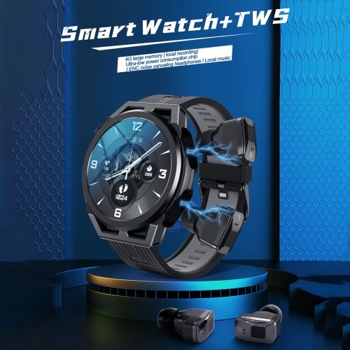 Smart Watch & True Wireless BT 5.0 Headphones 2-in-1 ENC Noise Cancelling Earphones Fitness Tracker Smartwatch 4GB Memory MP3 Music Playback 1.53-inch Color Screen Monitoring Blood Oxygen Heart Rate Sleep NFC One-touch Access 