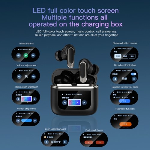 V8 Wireless BT Headset LCD Full Color Smart Display Touch Screen ANC Noise Cancellation 