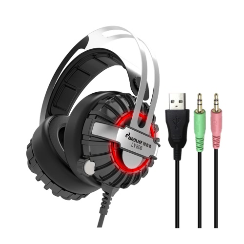 ewave LY806 3.5mm Gaming Headset Over Ear Stereo Game Headphone Noise Cancellation Headband with Mic Volume Control LED Light for Laptop Computer PC Black