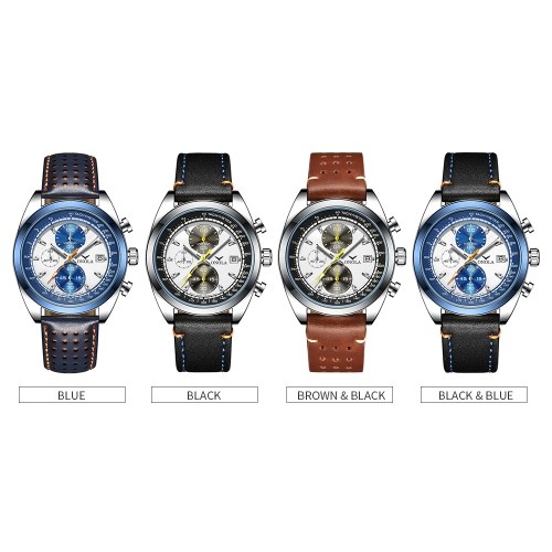 

Men's Quartz Watch with Leather Band Multifunctional Fashion 3ATM Wristwatch
