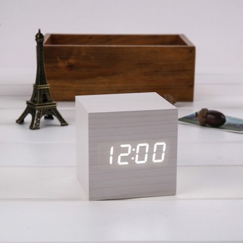 

Wooden LED Alarm Clock Intelligent Electronic Clock Desktop Table Voice Control Snooze Function Clock