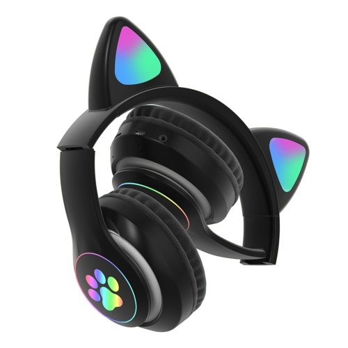 

Foldable Cat Ear BT 5.0 Headset with RGB Lighting Effect 40mm Driver Unit Support AUX Wired Connection/TF Card Playing/FM Mode, Black