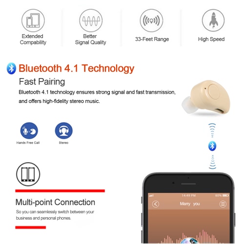 

S530 Plus Invisible BT 4.1 Headphones In-ear Stereo Music Headsets Hands-free w/ Microphone Earphone Beige for Exercise Business Use
