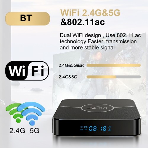 

X98 Plus Android 11.0 Smart TV Box Amlogic S905W2 UHD 4K Медиаплеер 2.4G/5G Двухдиапазонный WiFi BT AV1 VP9 Декодирование H.265 Цифровой дисплей Пульт дистанционного управления