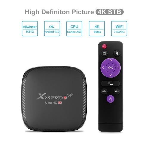 X88 PRO T Android 10.0 Smart TV Box UHD 4K Media Player Allwinner H313 Quad-core H.265 VP9 2.4G/5G Dual-band WiFi 100M LAN 2GB+16GB with Remote Control