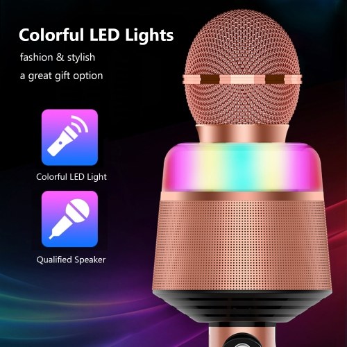 

3 In 1 Wireless Microphone Portable Handheld Mic Speaker Adjustable Volume LED Lights Home Party Birthday BT Microphone USB Rechargeable for Smartphones PC
