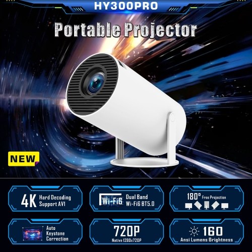 

HY300PRO Mini Projector Dormitory 1280*720P Resolution Built-in Android 11.0 System Auto Keystone Correction 0°-180° Projection Angle 160ANSI Lumens Android Version Support AV1 with Remote Control