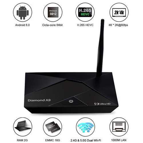 Diamond A9 Smart Android 6.0 TV Box Amlogic S912 Octa Core KODI HDMI 3D 2G / 16G