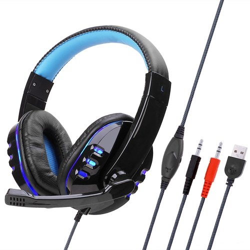 SY733MV Casque de jeu filaire pour ordinateur Casque de jeu supra-auriculaire avec microphone AUX + Port USB Contrôle du volume pour PC