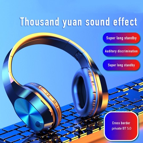 

T5 Head-mounted Foldable BT5.0 Wireless Headset Support Card 9D Stereo Sound for Sports Gaming with Microphone (Black & Blue)