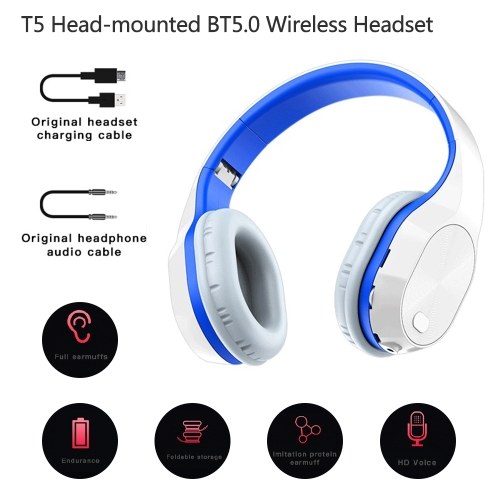 

T5 Head-mounted Foldable BT5.0 Wireless Headset Support Card 9D Stereo Sound for Sports Gaming with Microphone (White & Blue)