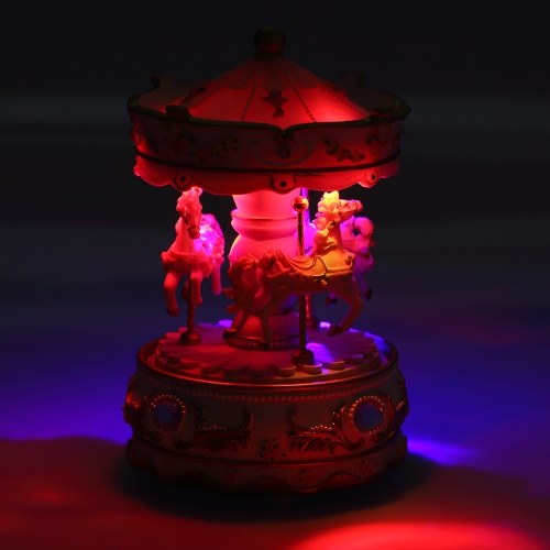 

Mini Carousel Clockwork Music Box Colorful LED Merry-go-round Musical Box Gift for Girlfriend Kids Children Christmas Festival PInk