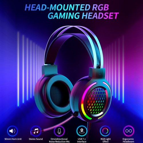 

USB7.1 Wired Head-mounted Headset RGB Gaming Headset with 50mm Speaker Unit Omnidirectional Noise Reduction Microphone