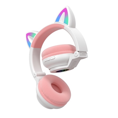 

Wireless&Wired Foldable Headset Cat Ear BT 5.0 Headset with RGB Lighting Effect Support TF Card Playing/FM Mode, White&Pink