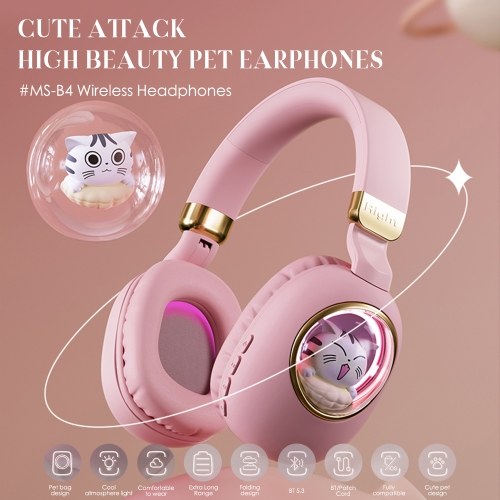 Cute Cartoon Wireless BT5.3 Headphones Over Ear Gaming Headset Cute Animal Design AUX IN Wired Earphone with Colorful Atmosphere Light Foldable Soft Ear Cushions 