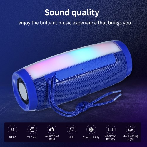 

Wirelessly BT Speaker with LEDs Light Portable Stereo Player HIFI Sound Quality Heavy Bass Support AUX TF Card FM USB & Battery Powered