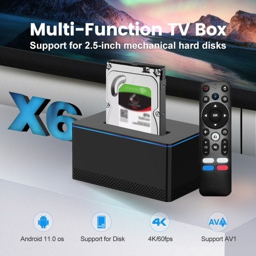 X6 Android 11.0 Smart TV Box Amlogic S905Y4 4K Media Player LPDDR4 2GB EMMC 16GB with SATA6 HDD Slot 2.4G/5G Dual-band WiFi BT4.0 VP9 H.265 Decoding with Remote Control 