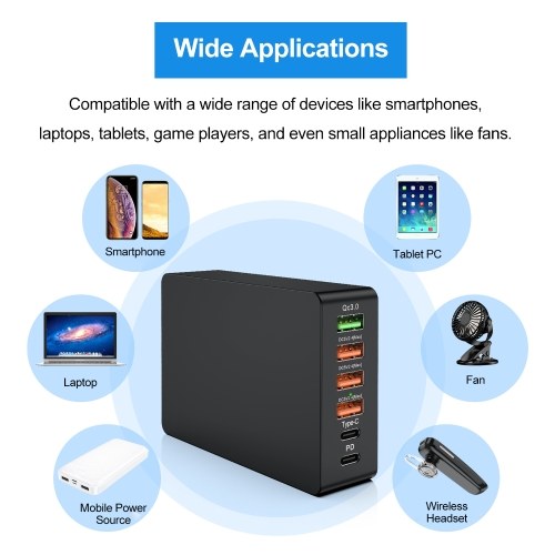 65W USB Smart Charger Multiport Fast Charger Block Quick Charge 3.0 Adapter Type-C PD Fast Charging Station for Smartphone Tablet PC Laptop 