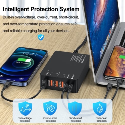 65W USB Smart Charger Multiport Fast Charger Block Quick Charge 3.0 Adapter Type-C PD Fast Charging Station for Smartphone Tablet PC Laptop 