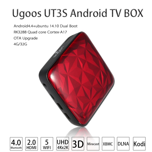 

Original Ugoos UT3S Smart Android TV BOX Android4.4+ubuntu 14.10 Dual OS RK3288 4G/32G UHD4K 3D HDMI2.0 Bluetooth 4.0 WIFI5.0 1000