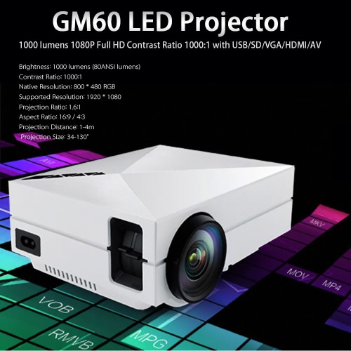 GM60 LED Projector 1000 Lumens 1080P Full HD Contrast Ratio 1000:1