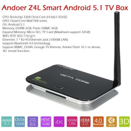 

Andoer Z4L Smart Android TV Box Android 5.1 RK3368 Octa-Core 64 Bits 2G / 8G XBMC DLNA UHD 4K 3D H.265 WiFi 1000M LAN Bluetooth