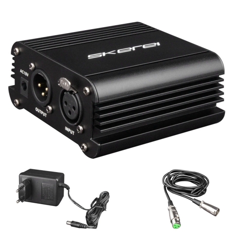 

skerei K-100 1-Channel 48V Phantom Power Supply w/ Power Adapter & XLR Microphone Cable for Condenser Microphones Music Recording