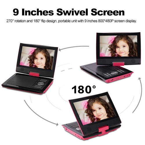 

PDVD969 9 Inches Portable DVD Player Swivel Screen Digital Multimedia Player Support SD Card U Disk Playback AV OUT w/Headphones Remote Control 2800mAh Rechargeable Battery Blue US Plug