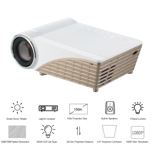 

S6 LED LCD Projector 1080P Home Theater 170 ANSI Lumen 1280 * 720P HD IN VGA AV USB 16:9/4:3 Media Player with Remote Controller for Notebook Laptop DVD Player