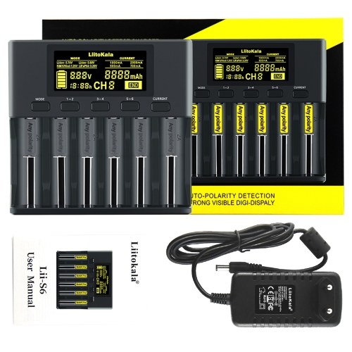 

LiitoKala lii-S6 Battery charger 18650 Charger 6-Slot Auto-Polarity Detect For 18650 26650 21700 14500,10440 AA AAA batteries