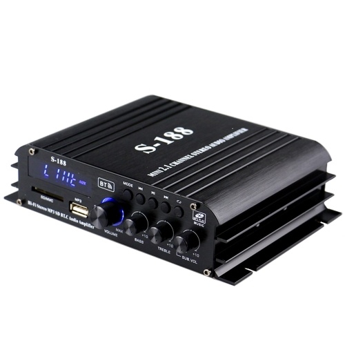 

S-188 Mini Audio Power Amplifier 2.1 Channel Digital BT Amplifier 40W*2+68W USB Memory Card Slot MP3 Player LCD Display with Remote Control Bass Treble Volume Control